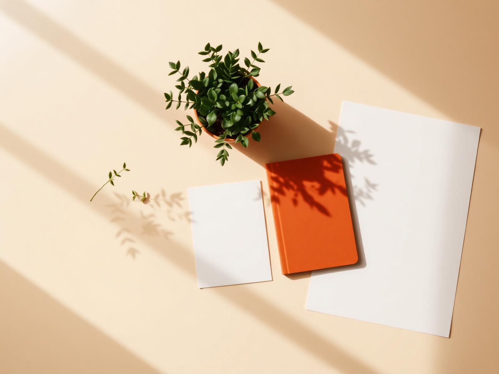 A minimal workspace — olive plant, orange notebook, warm paper